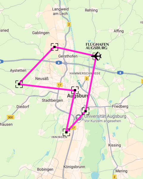 Sightseeing flight over Augsburg and its route