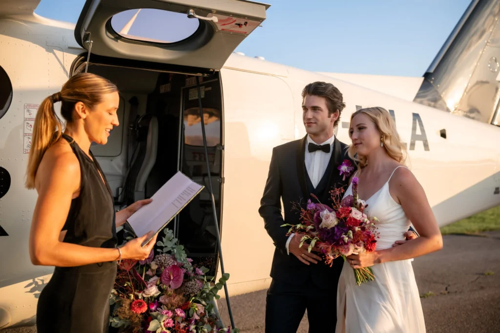 Free wedding ceremony beside an ALPEN AIR aircraft