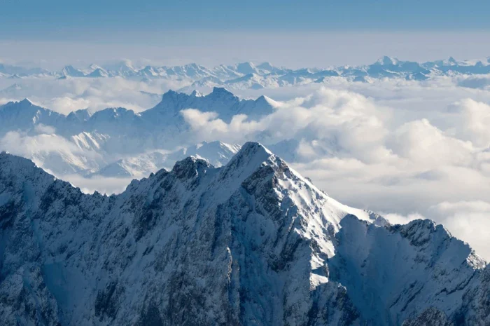 Berggipfel Flugezug Blick Alpen Schnee Winter