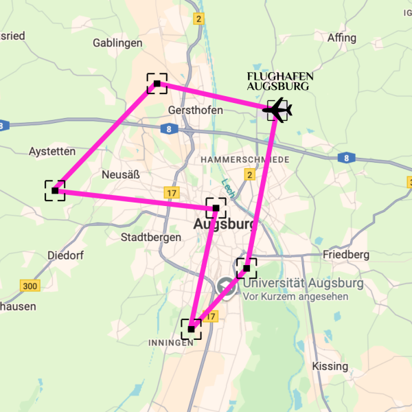 Rundflug über Augsburg in Bayern mit Karte für Flugroute